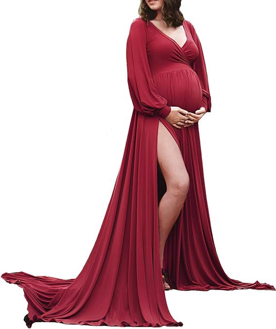 ChoiyuBella Maternity Gown Bishop Sleeves Baby Shower Dress Wrap Side Slit Sweetheart Maxi Photo ... | Amazon (US)