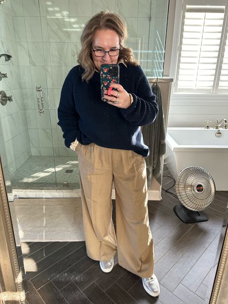 Sunday afternoon casual. 

These wide leg pants from Madewell. Some colors are an extra 30% off the markdown price making them about $70. I am in the seed khaki in a 12 petite. You can go your smaller size.

Quince cotton sweater. I’m in an extra large for a oversized look, but the sweater is already oversized so probably order smaller size

Casual outfit outfit. J.Crew madewell Quince Smart, casual spring outfit work outfit

#LTKsalealert #LTKover40 #LTKfindsunder100