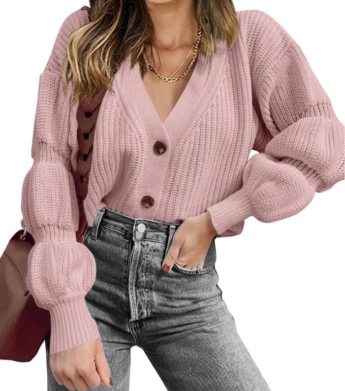 Angashion Women's V Neck Button Down Long Sleeve Cable Knit Cardigan Sweaters Outerwear Tops | Amazon (US)