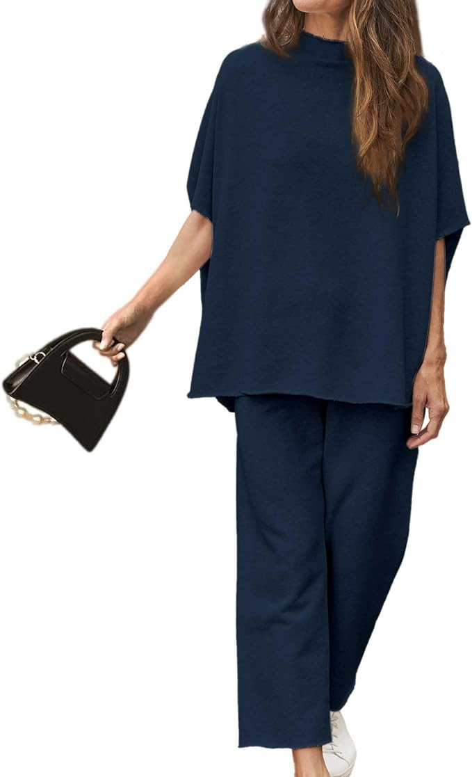 Women's Two Piece Outfits 3/4 Batwing Sleeve Capelet Crew Neck Pullover Top Wide Leg Pants Lounge... | Amazon (US)