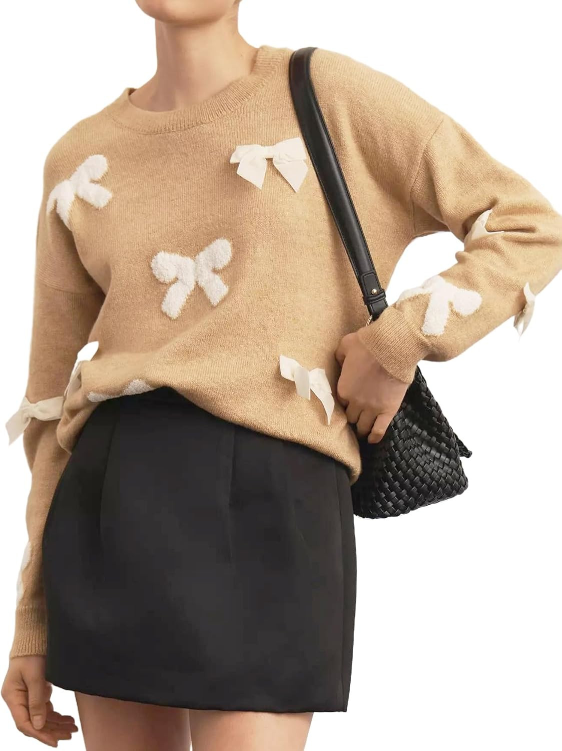 EZAPINE Womens Bow Sweater Long Sleeve Crew Neck Fall Knitted Pullover Tops | Amazon (US)