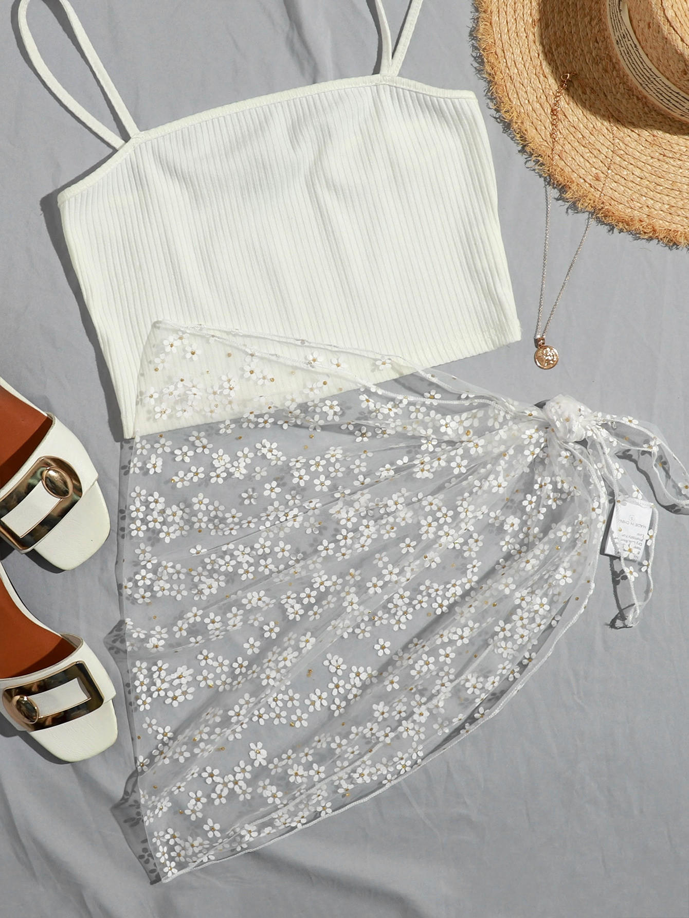 Knot Side Ditsy Floral Sheer Mesh Cover Up Skirt | SHEIN