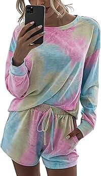 CinShein 2020 Women's Pajamas Tie Dye Printed Crew Neck Long Sleeve Top Shorts Loungewear Nightwe... | Amazon (US)