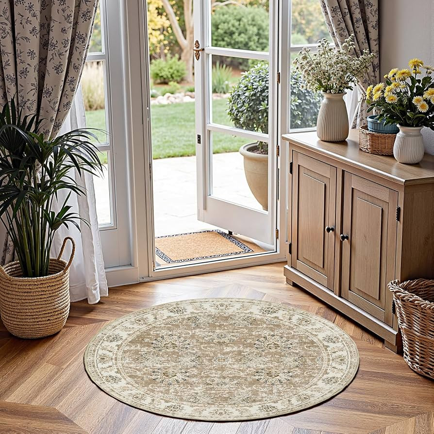 jinchan Fiora Round Rug 4ft Area Rug - Indoor Vintage Hallway Circle 4' Washable - Ultra-Thin Low... | Amazon (US)