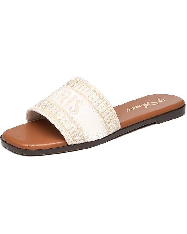 Athlefit Summer Black Flat Sandals for Women Comfortable Slip On Slide Sandals 2024 Fashion | Amazon (US)