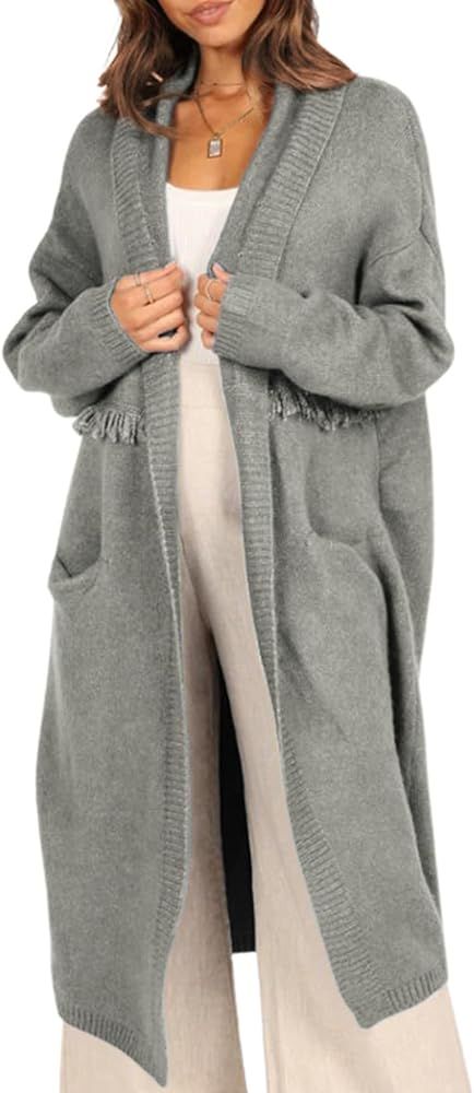 Womens 2023 Winter Cardigan Sweaters Tassels Knit Pocketed Long Open Front Cardigan for Women | Amazon (US)
