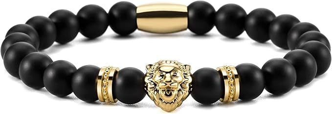 Ourania Onyx Lion Stone Bracelet Men - Black Onyx Beaded Stainless Steel Leo Head Bracelet Women ... | Amazon (US)