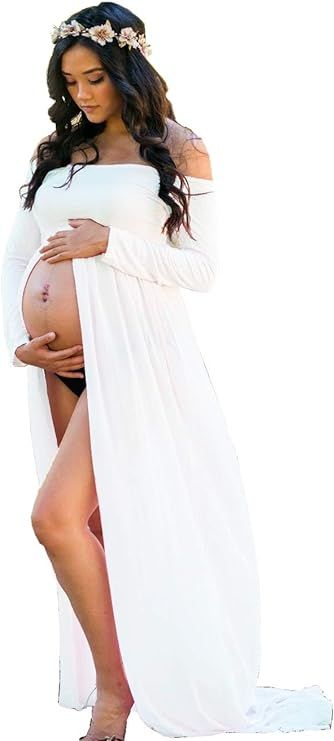 ZIUMUDY Maternity Maxi Chiffon Photography Dress Split Front Gown for Photoshoot | Amazon (US)