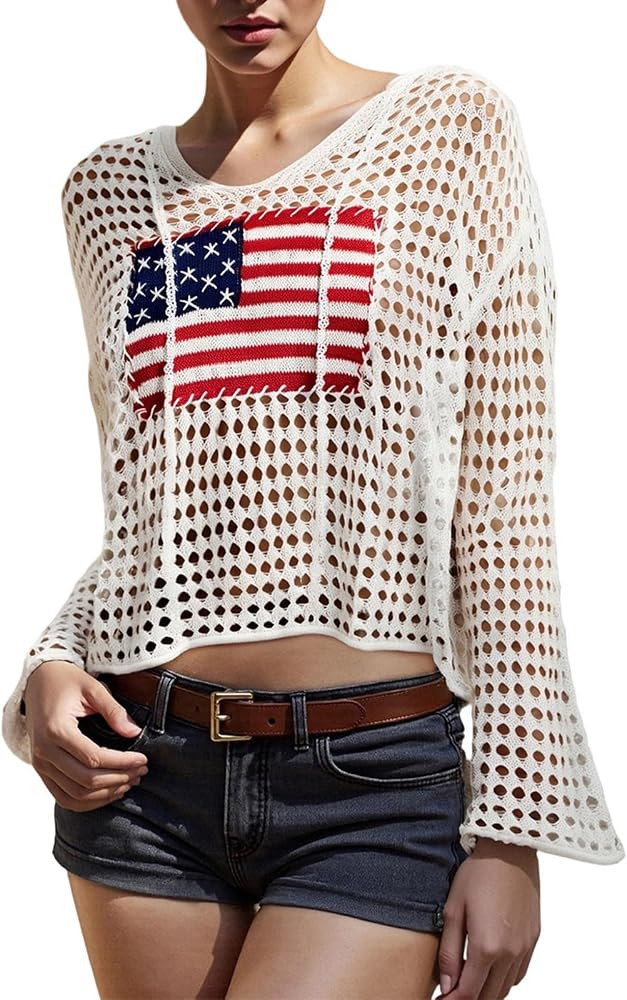 Women Open Knit Crochet Sweater Top American Flag Patriotic Hollow Out Long-Sleeve Hooded Beach C... | Amazon (US)