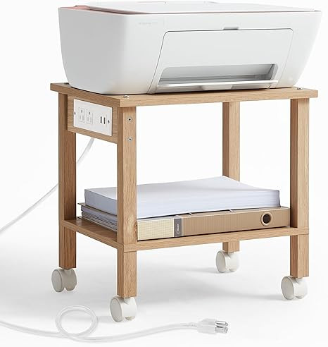YUFAM 2 Tier Under Desk Printer Stand with Storage, Small Printer Table with Charging Station, Ro... | Amazon (US)