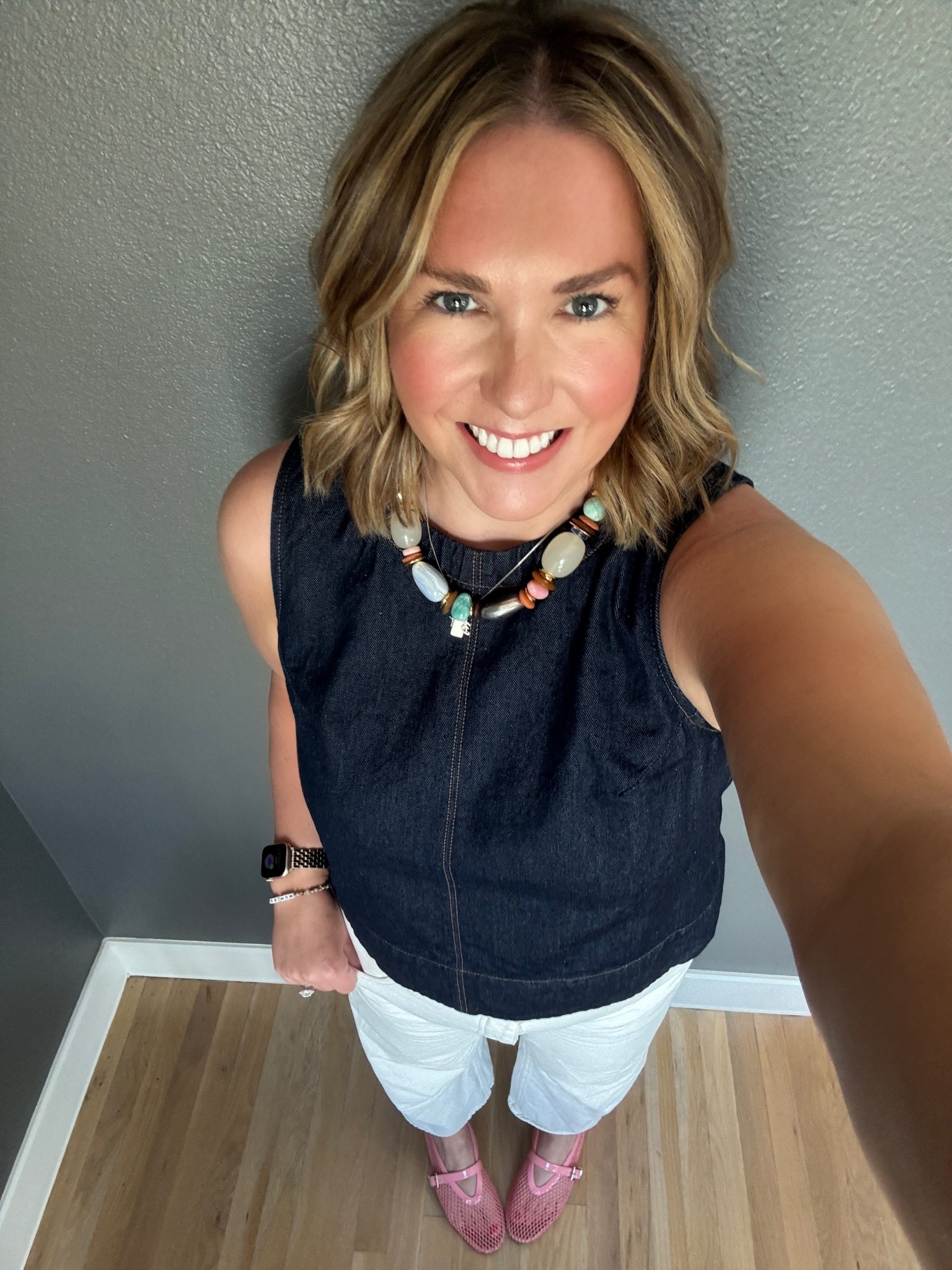 Met some girlfriends for margaritas and ended up with a new ear piercing 🙈. I am loving my slightly off white denim this spring. I added a dark denim top and a pop of color with my necklace and shoes  

#LTKMidsize #LTKootd #LTKSeasonal