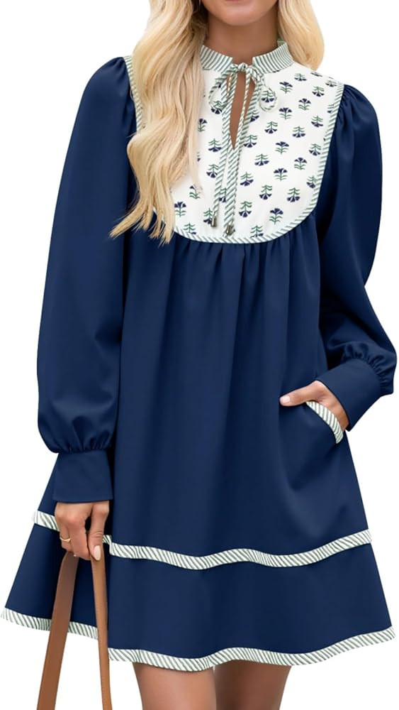 Wenrine Womens Casual Floral Mini Dress 2025 Fall Long Sleeve V Neck Patchwork Loose Boho Shirt D... | Amazon (US)