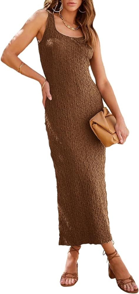 AlvaQ Women's 2024 Summer Tank Dress Casual Basic Sleeveless Sundress Textured Split Bodycon Long... | Amazon (US)