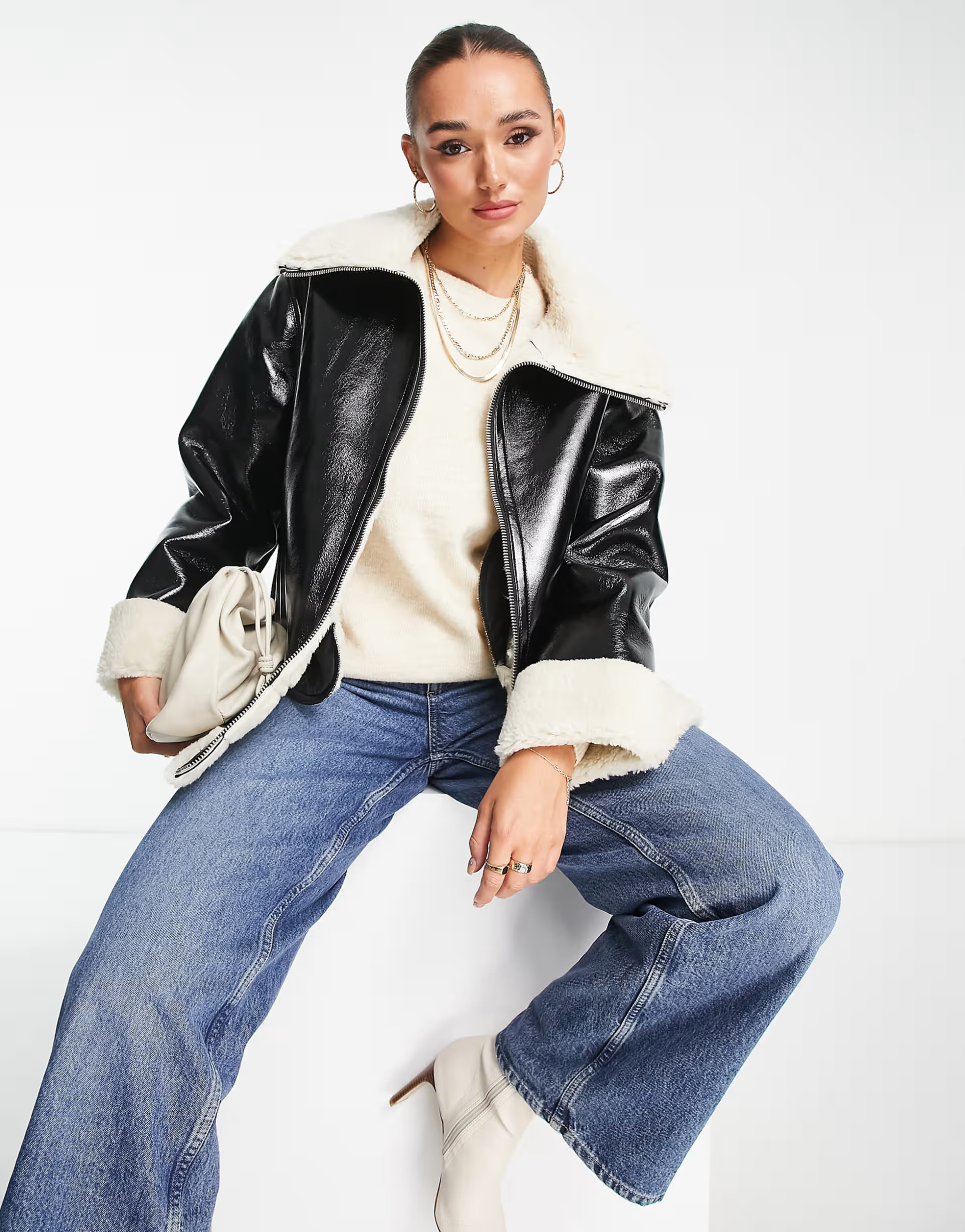 ASOS DESIGN hi-shine bonded borg jacket in black | ASOS (Global)