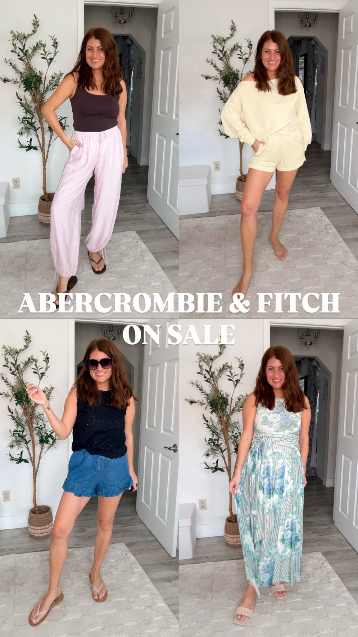 Abercrombie and Fitch is having a major sale right now! 20 to 40% off almost everything! Used code: AFSUMMER for a stackable 15% off now through 5/25 

Wearing: 

Harem pan – size small 
Off the shoulder sweatshirt – size small 
Lounge shorts – size small 
Eyelet top – size small
Dress – size small but between sizes size up 
Shorts – size small ￼￼

#LTKOver40 #LTKSeasonal