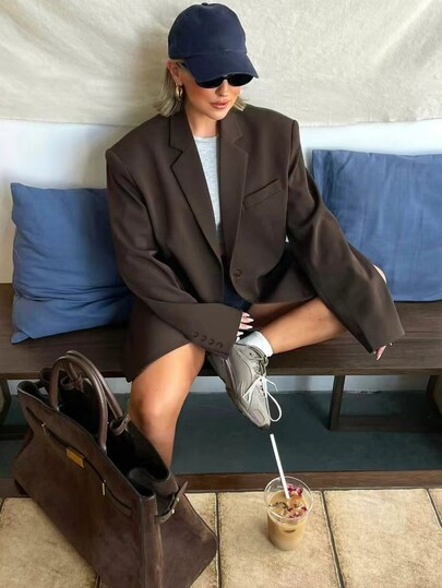 Women's Casual Loose Fit Brown Long Sleeve Blazer Jacket, Featuring Buttons And Pockets, Regular Fit, Suitable For Spring And Autumn | SHEIN