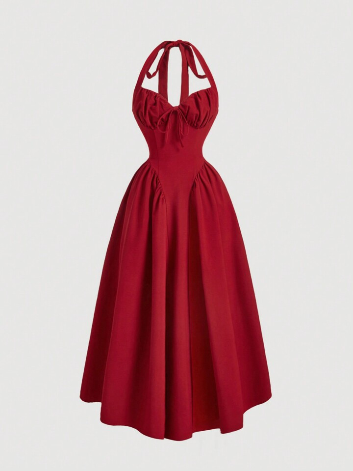 SHEIN MOD Plus Size Women's Halter Neck Ruched Bow Swing Dress, Red Color Party Women Outfits,Masquerade Ball Dress,Birthday Women Outfits,Sexy Red Dress,Dress With Bow Dress Women Maxi Dress Prom Dresses For Woman Women Formal Vintage Dresses For Woman Party Dresses For Women Women Cocktail Dresses Party Dresses For Women Women Formal Milkmaid Dress,Corset Dress | SHEIN