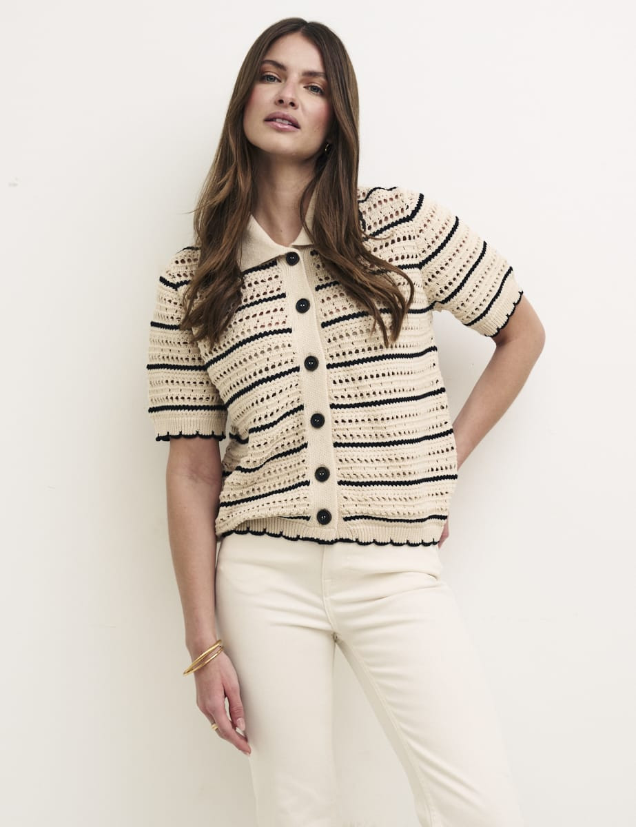 Cream & Black Mock-Crochet Stripe Cardigan | Nobody's Child
