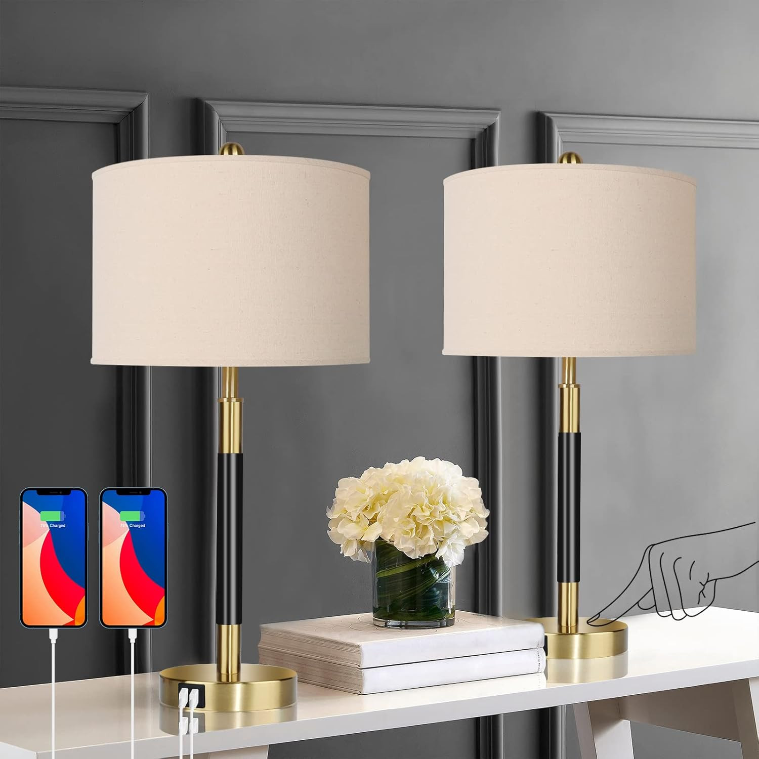 Qimh Modern Touch Control Table Lamps Set of 2, 3-Way Dimmable Bedside Lamps with 2 USB Ports, Ni... | Amazon (US)