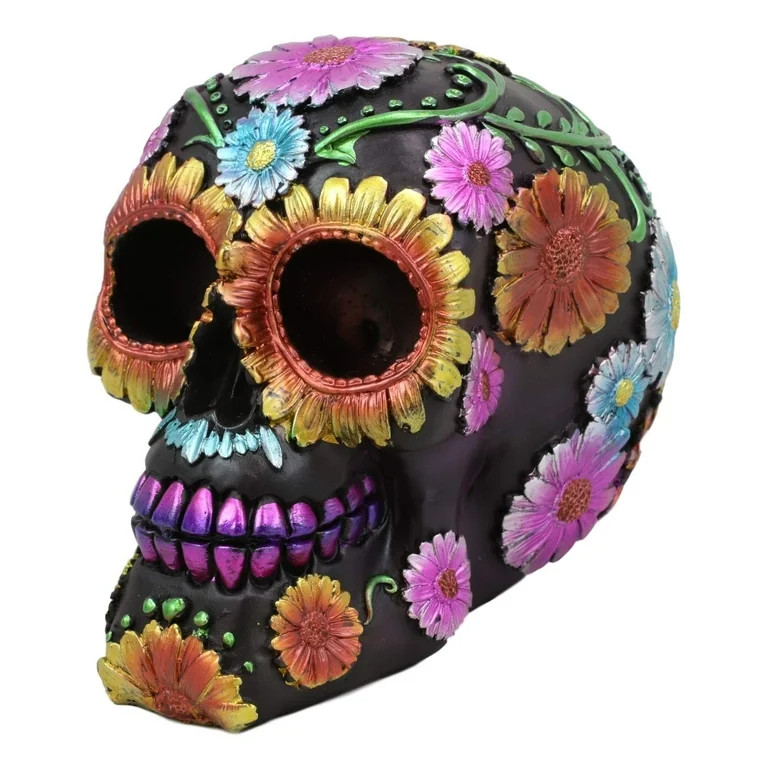 Ebros Black Day of The Dead Floral Blooms Sugar Skull Figurine Skulls 6" Long | Walmart (US)