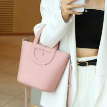 Mini Bucket Bag Button Decor Litchi Embossed Pink | SHEIN