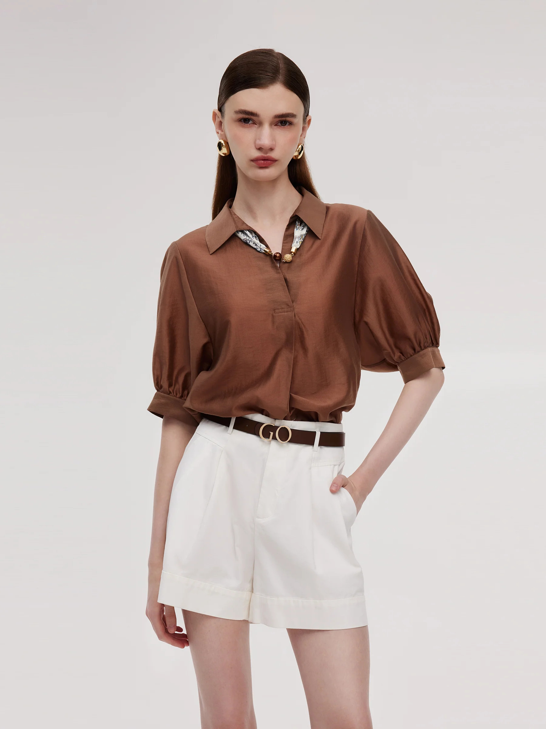 Blouse Femme Ample en Mélange de Tencel avec Écharpe en Soie | GOELIA