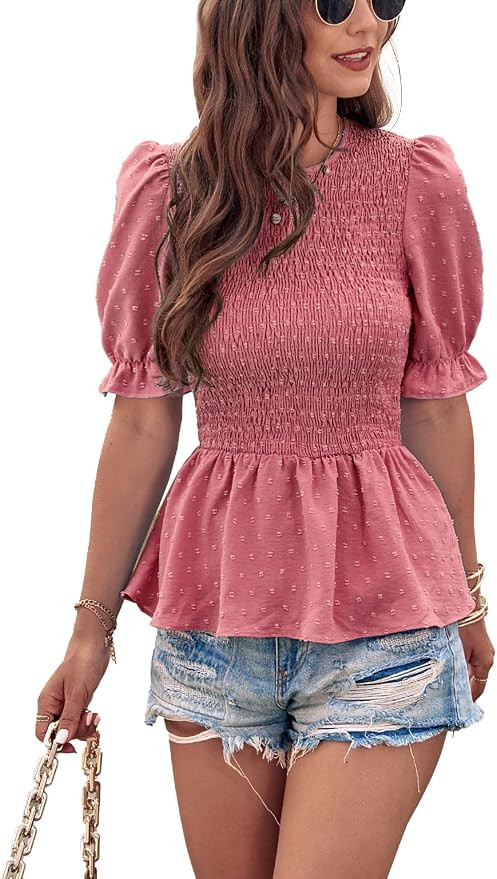 PRETTYGARDEN Women's Tops Casual Long Sleeve Crewneck Floral Print Smocked Ruffle Hem Slim Babydo... | Amazon (US)