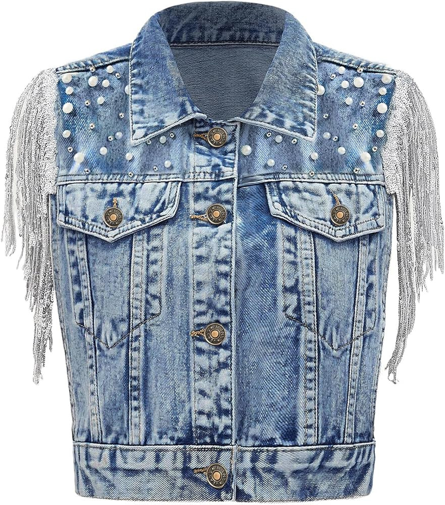 Women's Pearls Beading Denim Vest Sleeveless Sequin Fringe Jean Vest Casual Vintage Crop Top Vest | Amazon (US)