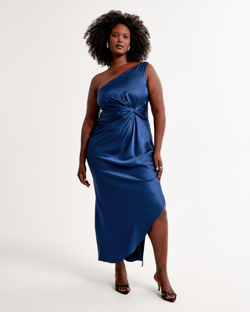 One-Shoulder Satin Knotted Midi Dress | Abercrombie & Fitch (US)