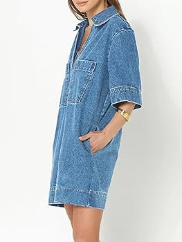 Fisoew Womens Denim Shirt Dress Summer Collared V Neck Mini Casual Jean Dresses with Pockets Ligh... | Amazon (US)