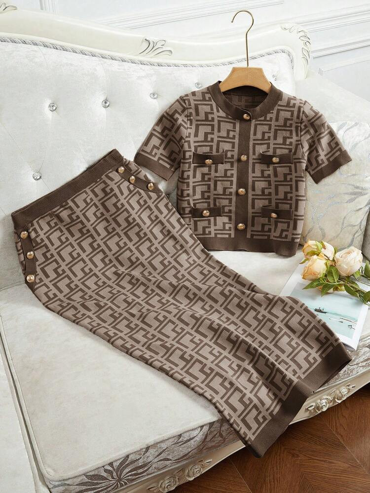 2pcs women’s summer Geometric metal button decorated short sleeve knit top and knitted-mix skirt   | SHEIN
