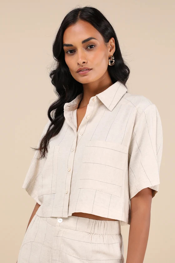 Enviably Breezy Beige Striped Linen Short Sleeve Button-Up Top | Lulus