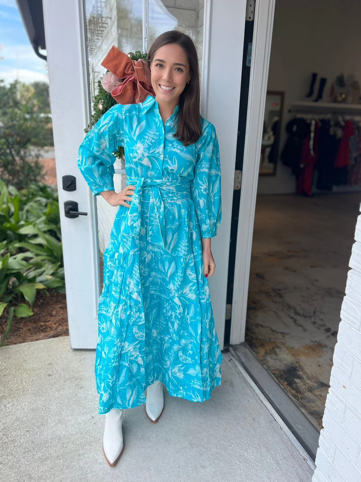 Trunk show aqua hibiscus long sleeve maxi | Mulberry & King