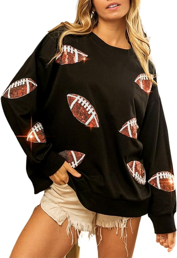 Womens Football Sequin Embroidery Loose Fit Sweatshirt Casual Crewneck Pullover Long Sleeve Gamed... | Amazon (US)