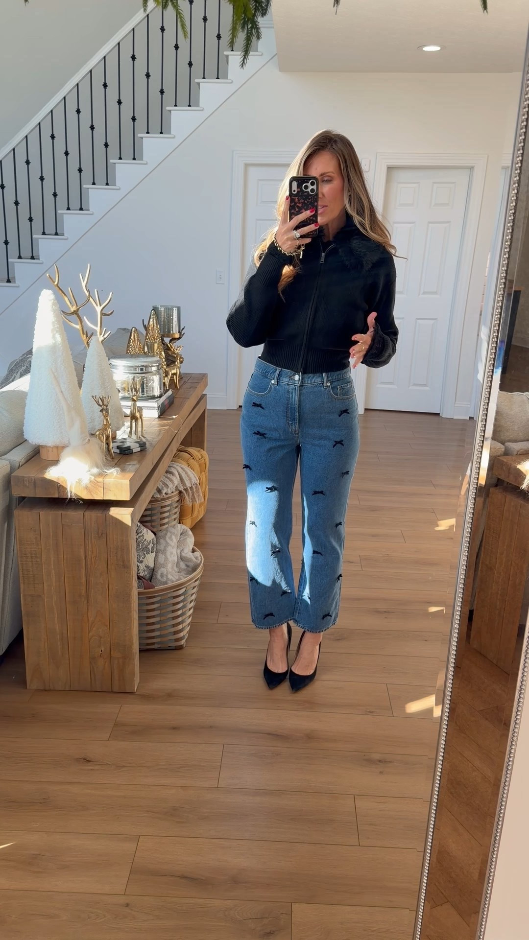 Size 29 bow denim sized down to a small in the faux fur sweater 

#LTKootd #LTKHoliday #LTKmomlife