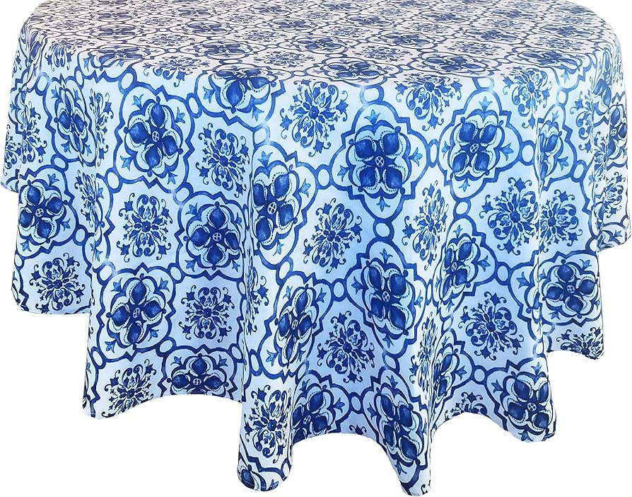 Newbridge Blue Amani Tile Print Indoor/Outdoor Fabric Tablecloth - Delft Blue Medallion Design So... | Amazon (US)