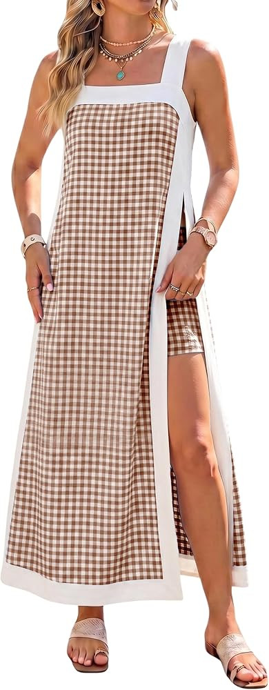 Bankeng Women's 2 Piece Sets Casual Square Neck Color Block Sleeveless Plaid Maxi Dress Matching ... | Amazon (US)