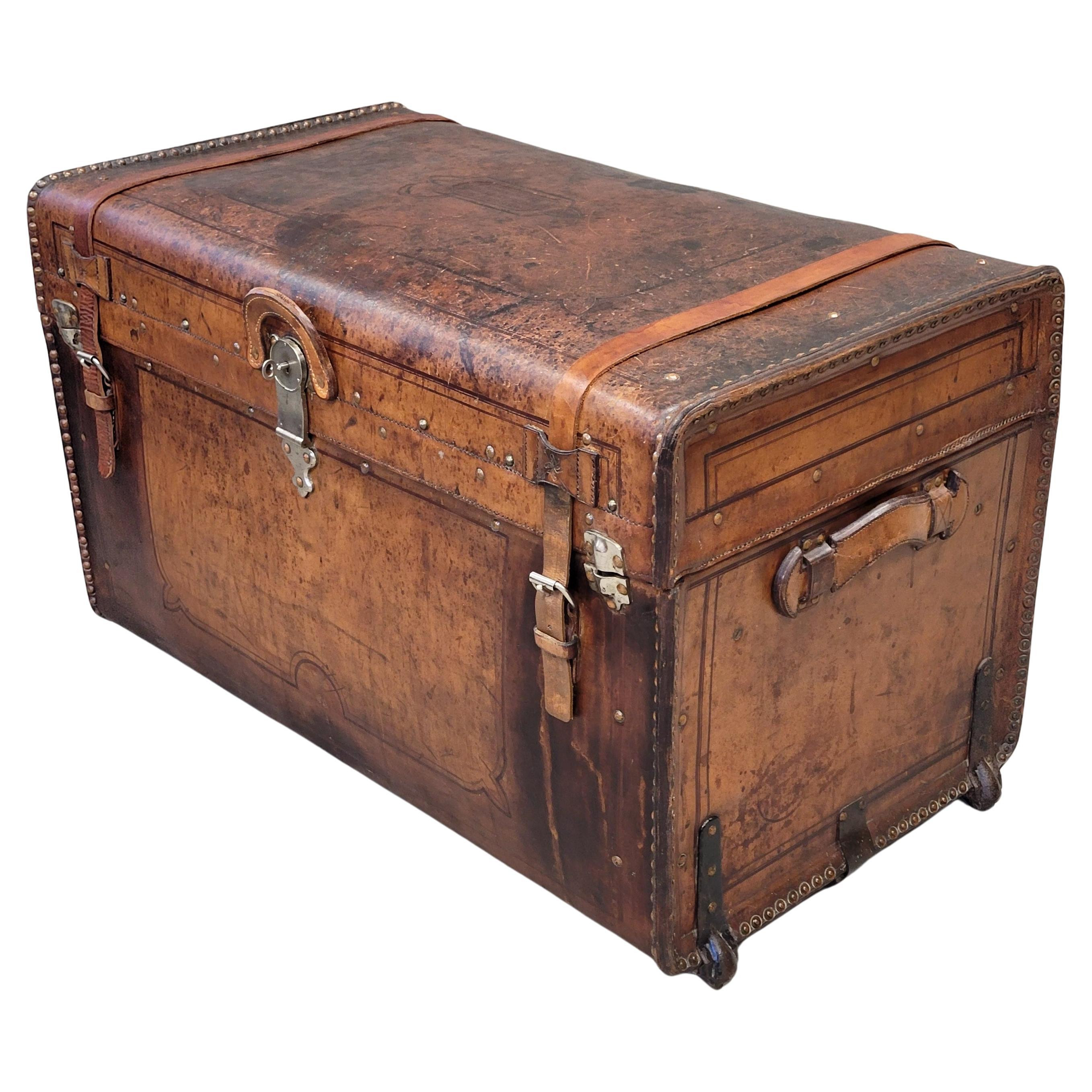 Antique Circa 1875 Sole Leather Clad Western Trunk | 1stDibs