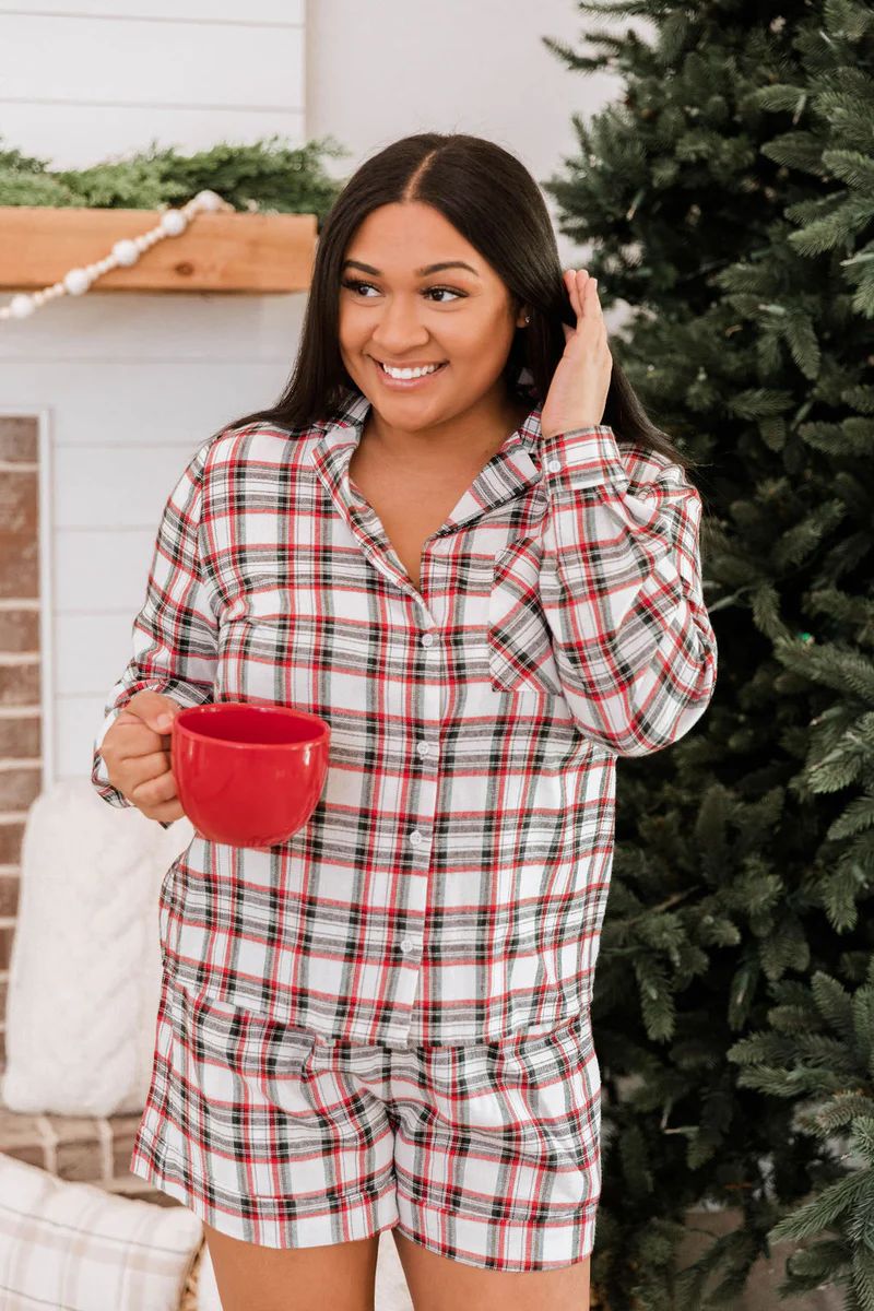 Midnight Miracles Ivory Button Front Plaid Lounge Top | The Pink Lily Boutique