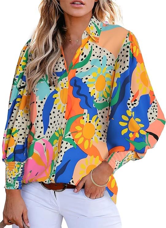Astylish Women 2024 Loose V-Neck Shirts Paisley Print Lantern Sleeve Blouse Tops | Amazon (US)
