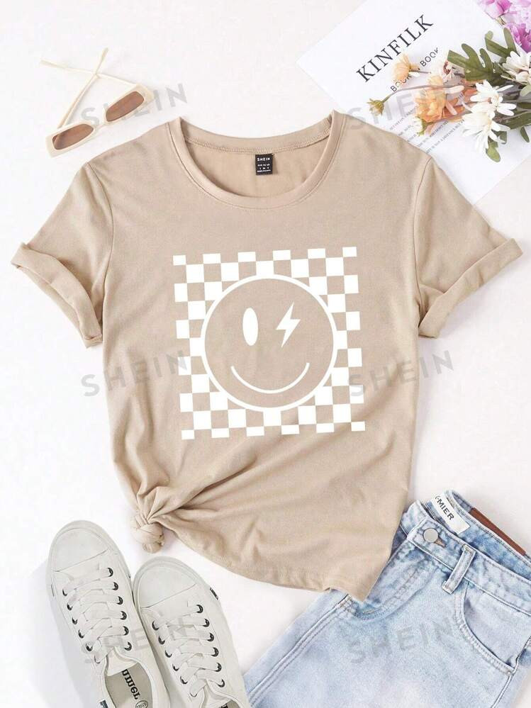 Women's Short Sleeve T-Shirt With Smiling Face And Checkerboard Pattern | SHEIN