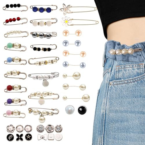 40PCS Pearl Brooch Safety Pins, Pant Waist Tightener Sweater Shawl Hat Clip Neckline Pins for Women Girls Fashion Cover Up Buttons Clothing Dress Decoration Accessories | Amazon (US)