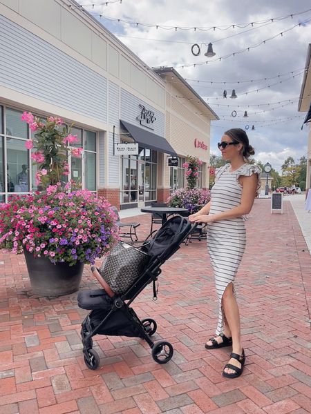 Saturday stroll. This striped dress is super bump-friendly and stretchy. Runs true to size, wearing S. Use code GLAM10 for 10% off  

Steve Madden Mona sandals, striped maxi dress, knit maxi dress, maternity outfit, travel stroller. 

#LTKunder100 #LTKSeasonal