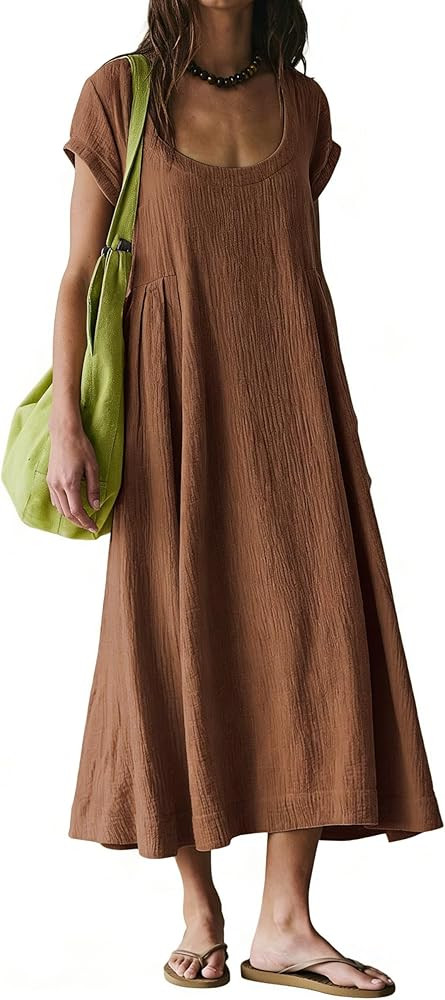 R.Vivimos Women's 2026 Summer Cotton Midi Dress Casual Short Sleeve Loose Flowy Beach Long Dress ... | Amazon (US)
