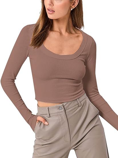 Lauweion Women's Sexy Ribbed Knit Crop Tops Scoop Neck Slim Fitted Long Sleeve Solid Skinny Casua... | Amazon (US)