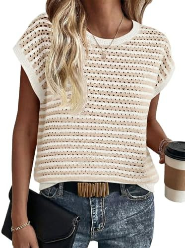 Saodimallsu Womens Short Sleeve Sweater Summer Striped Crochet Tops Casual Cap Sleeve Crewneck Kn... | Amazon (US)