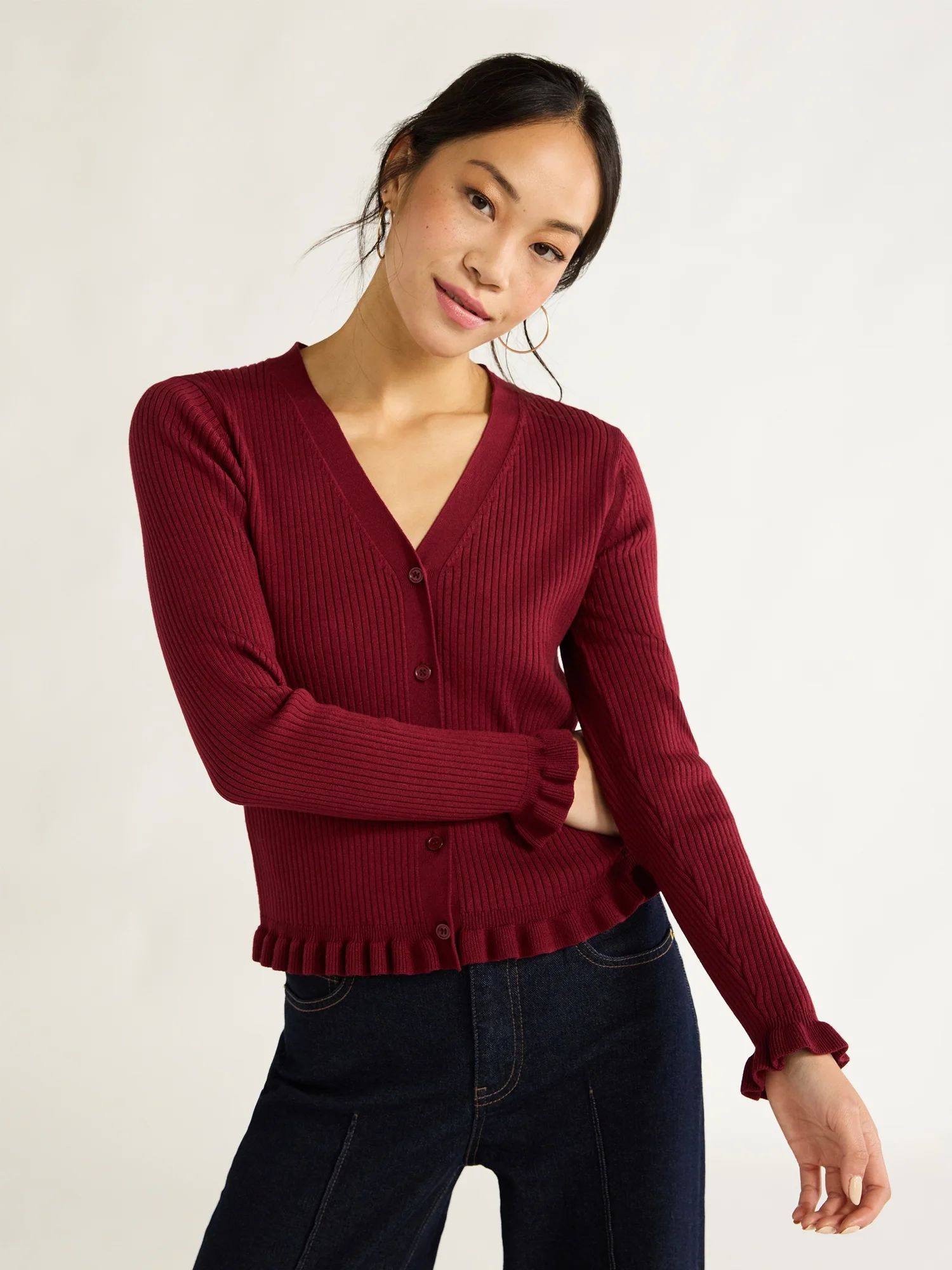 Free Assembly Women's Ruffle Hem Cardigan Sweater with Long Sleeves, Lightweight, Sizes XS-XXL | Walmart (US)