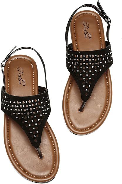 Katliu Women's Flat Sandals Studded Thong Sandals for Summer | Amazon (US)