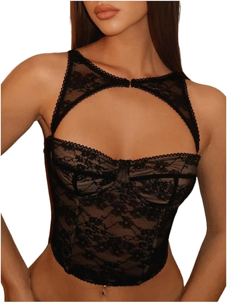 WDIRARA Women's Cut Out Lace Crop Bustier Corset Tank Top Sexy Going Out Party Club Tops | Amazon (US)