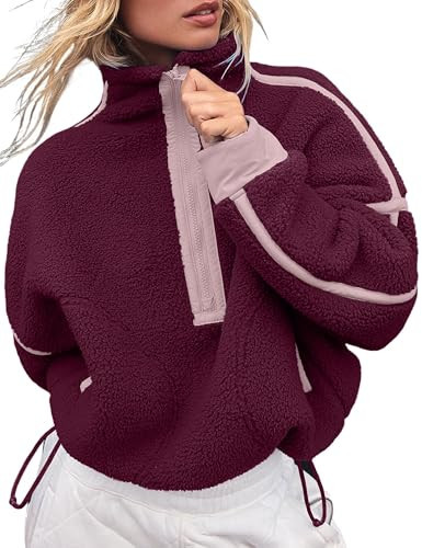 Kumufenc Women's Fleece Sweatshirts Half Zip Pullover Long Sleeve Oversized Workout Crop Tops Hoodie with Pocket(Red-Pink,S) | Amazon (US)